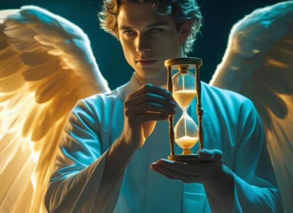 ANJO MASCULINO COM O TEMPO EM SUAS MAOS