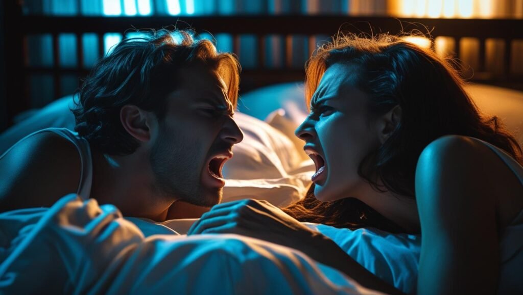 CASAL BRIGANDO DEITADO NA CAMA